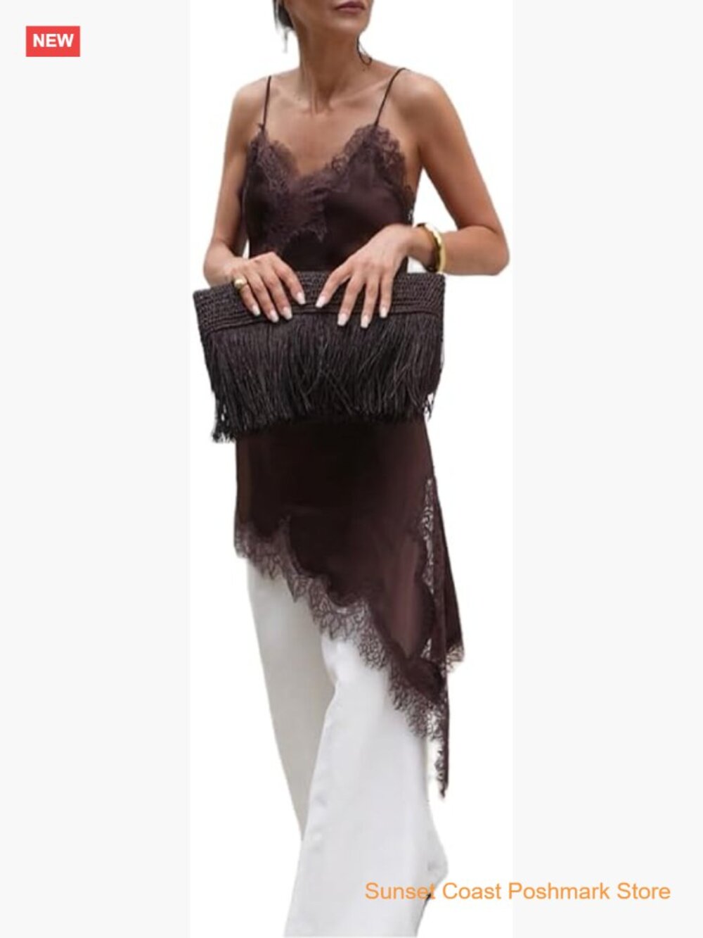 Satin Lace Trim Camisole V-Neck Sleeveless Asymmetrical Layering Top Slip Dress